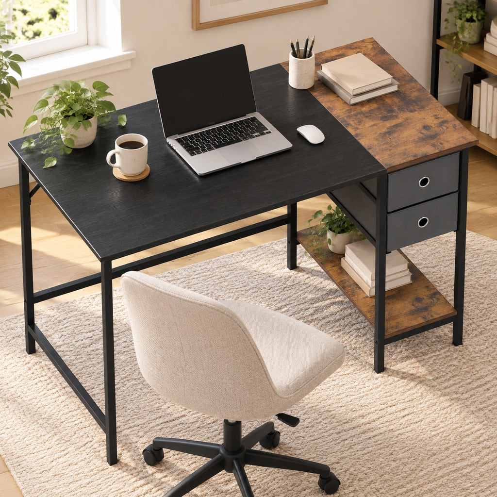 Airfind 48 Inch Computer Desk with 2 Fabric Drawers Industrial Home Office Desk, 110 lbs Capacity, Engineered Wood Metal Fabric Frame, Brown