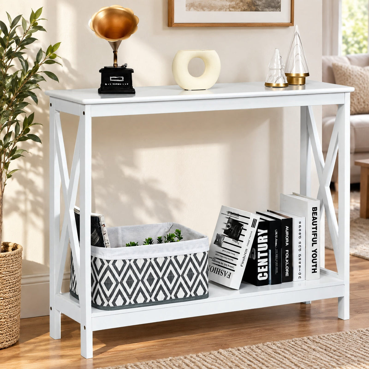 Airfind 2-Tier Console X-Design Sofa Side Accent Table, 66 lbs Capacity, P2 MDF Frame, 39.5 x 12 x 31.5 Footprint, White
