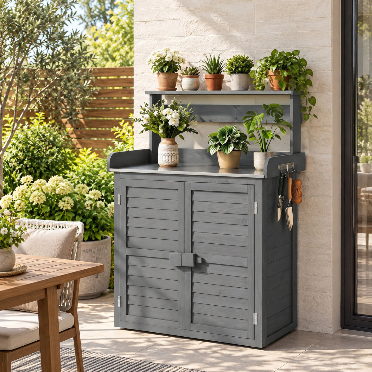 Airfind Wood Plant Workstation with Stainless Steel Tabletop and Removable Shelves, 110 lbs Storage Shelf Capacity, Fir Wood Stainless Steel Frame