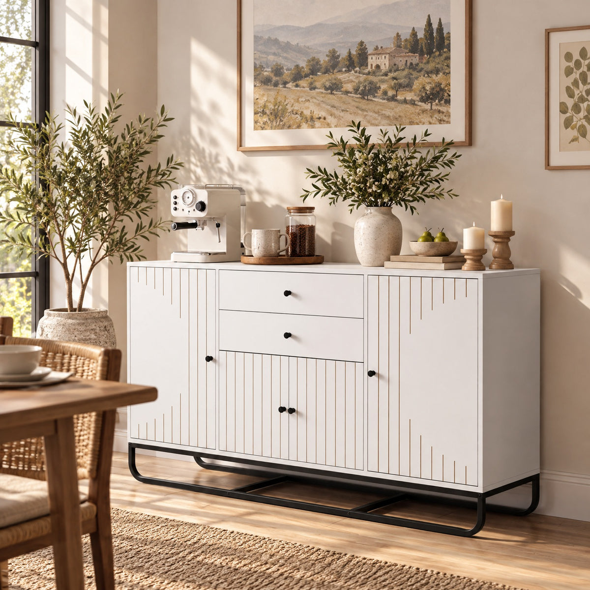 Airfind Modern Buffet Sideboard Cabinet w/ 2 Drawers Adjustable Shelves for Dining Room, 176 lbs Capacity, Engineered Wood Metal Frame, White