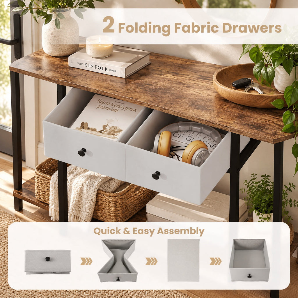 Airfind Console Table with 2 Drawers and Open Storage Shelf, 110 lbs Capacity, Engineered Wood Metal Non-Woven Fabric Frame, Brown