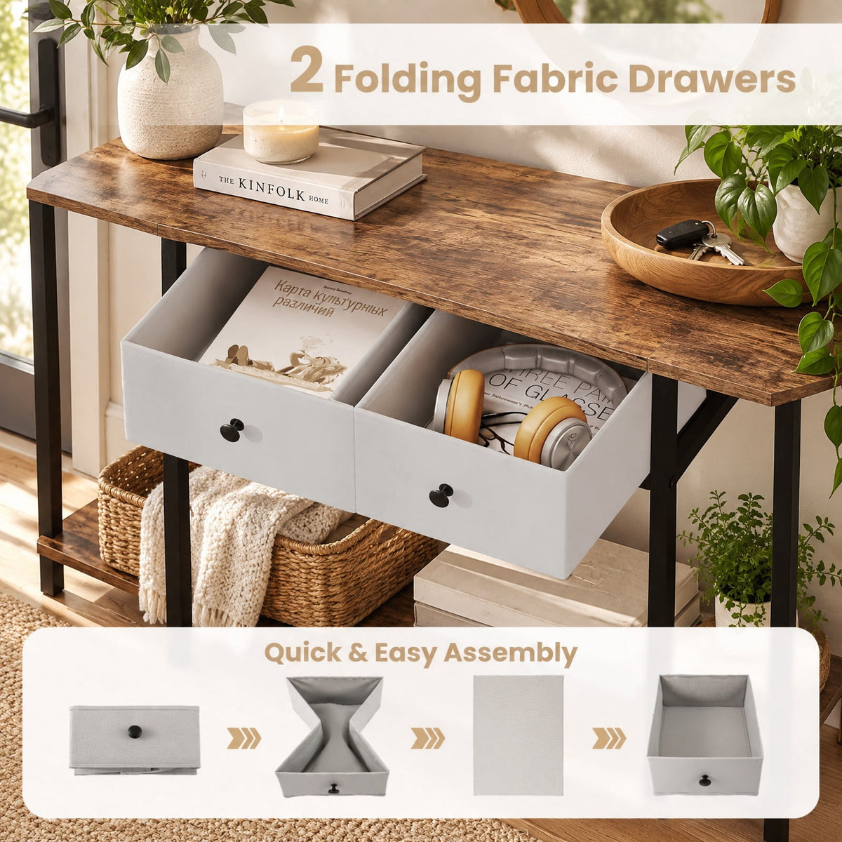 Airfind Console Table with 2 Drawers and Open Storage Shelf, 110 lbs Capacity, Engineered Wood Metal Non-Woven Fabric Frame, Brown