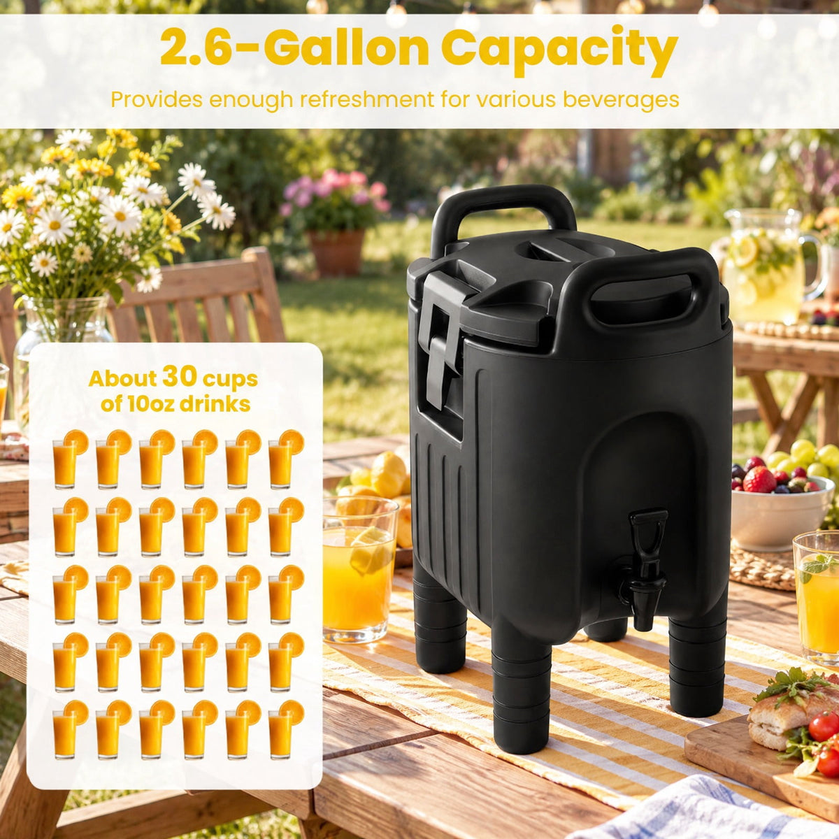 Airfind 2.6 Gal Insulated Beverage Dispenser with Handles and Two-Stage Faucet, LLDPE Nylon PE Silicone Frame, 16 × 12 × 19 Footprint, Black