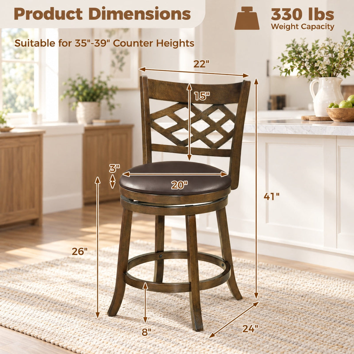 Airfind 26 Inch Counter Height Bar Stools Set of 2 with Rubber Wood Frame-26 Inch, 330 lbs Capacity, Rubber Wood PVC Leather Sponge Frame, Wood