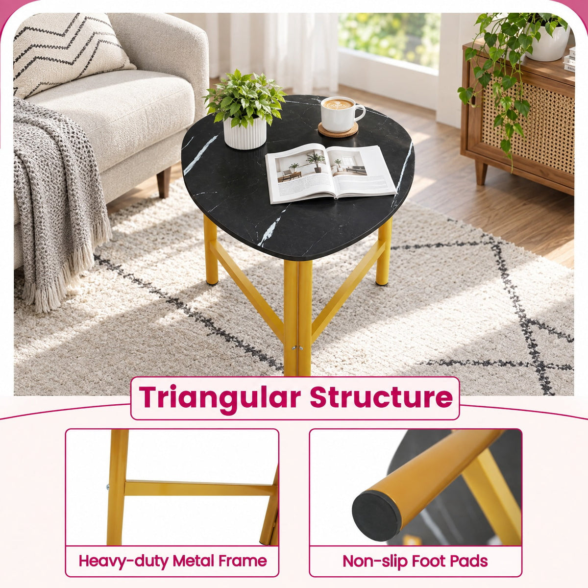 Airfind Set of 2 Triangle Coffee Table Oval with Metal Legs, 132 lbs Capacity, Engineered Wood Metal Faux Marble Frame, Black