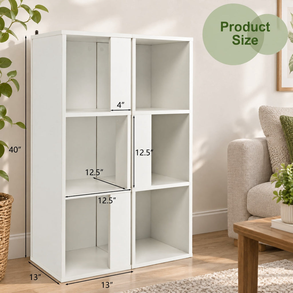 Airfind 3-Tier 6 Cube Freestanding Bookcase with Anti-toppling Device, 44 lbs Capacity, Engineered wood Frame, 13 x 13 x 39.5 Footprint, White