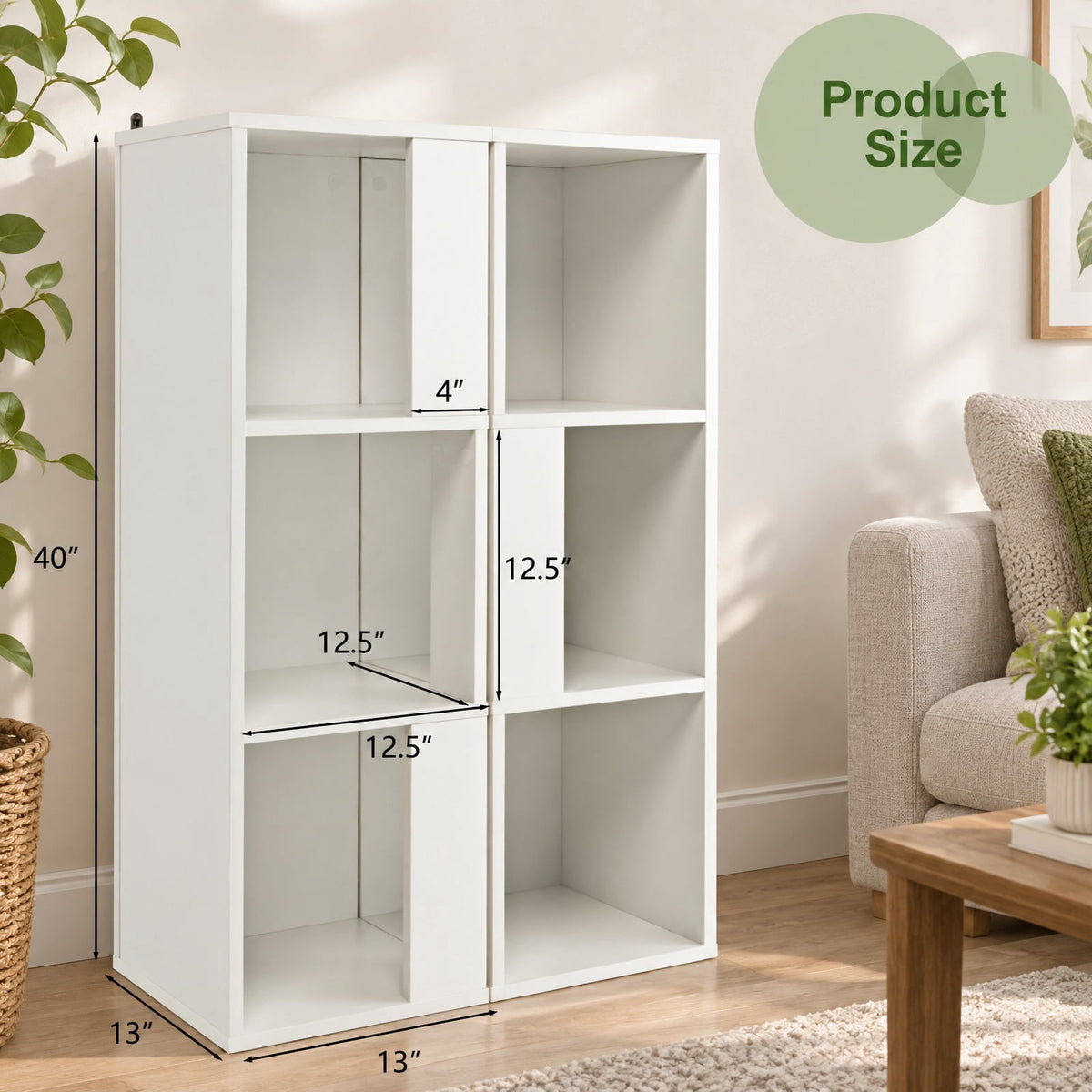 Airfind 3-Tier 6 Cube Freestanding Bookcase with Anti-toppling Device, 44 lbs Capacity, Engineered wood Frame, 13 x 13 x 39.5 Footprint, White
