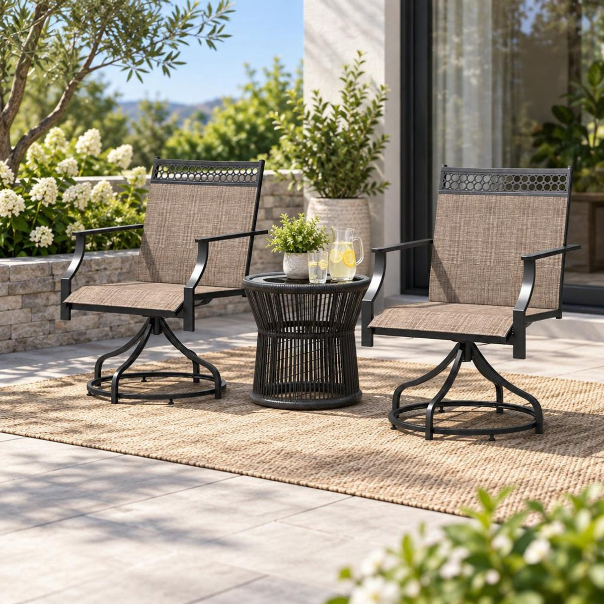 Airfind Patio Swivel Dining Chairs Set of 2 with Heavy-duty Metal Frame and Armrests, Chair 400 lbs Capacity, Fabric Metal PP Frame, Brown