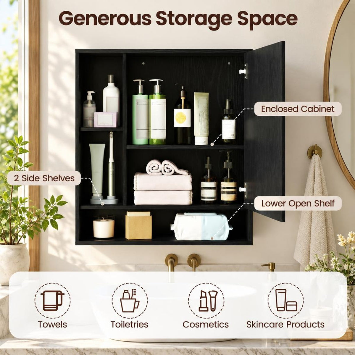 Airfind Wall Mounted Bathroom Cabinet with Mirror Single Door, 176 lbs Capacity, Glass MDF Engineered Wood Frame, 21.5 Inch x 6.5 Inch x 24 Inch Footprint