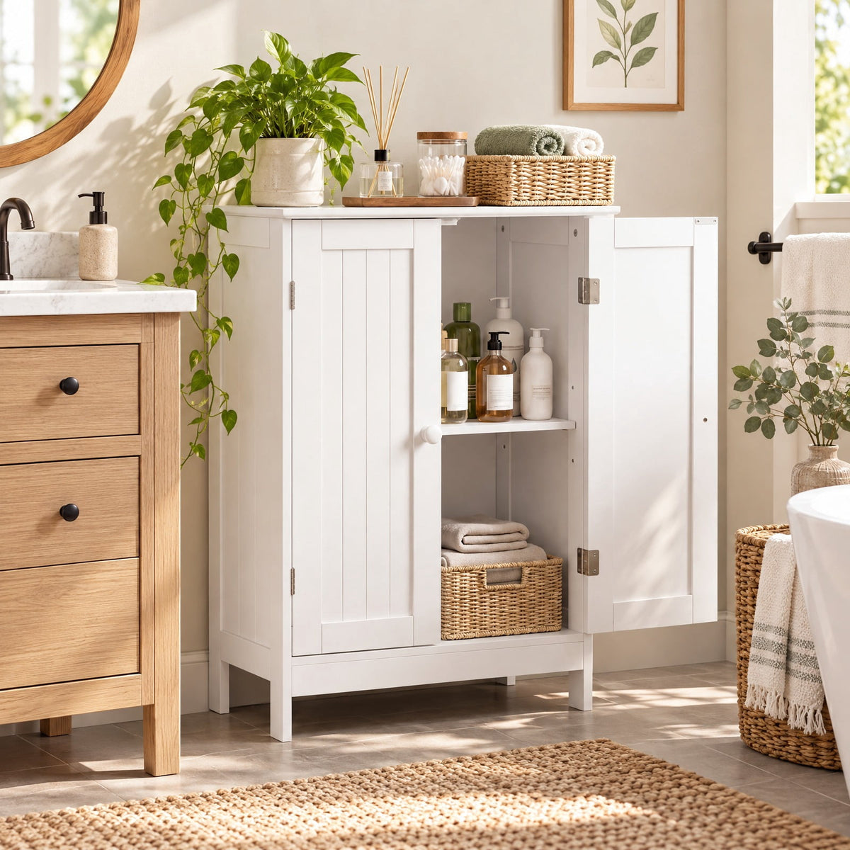 Airfind Bathroom Floor Storage Double Door Cupboard Cabinet, 22 lbs Capacity, MDF Frame, 24in x 14in x 34.5in Footprint, White