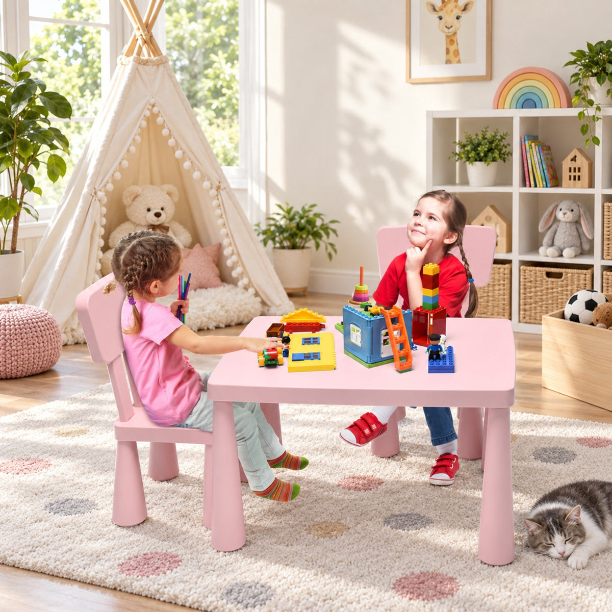 Airfind 3 Pieces Toddler Multi Activity Play Dining Study Kids Table and Chair Set, 110 lbs Capacity, PP Frame, 30 Inch x 21 Inch x 19 Inch Footprint, Pink