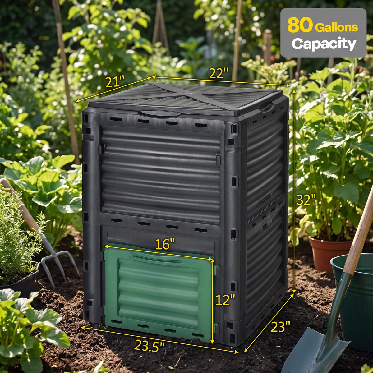 Airfind 80-Gallon Outdoor Composter with Large Openable Lid and Bottom Exit Door, PP Frame, 23.5 x 23 x 32 (L x W x H) Inner Footprint, Green