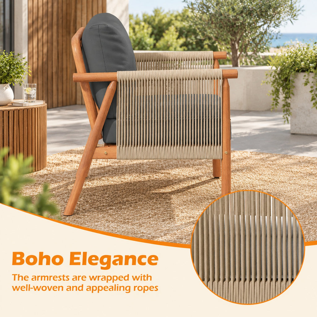 AIRFIND Acacia Wood Patio Chair, Outdoor Lounge Seat with Woven Rope Armrests and Removable Back and Seat Cushions, Gray