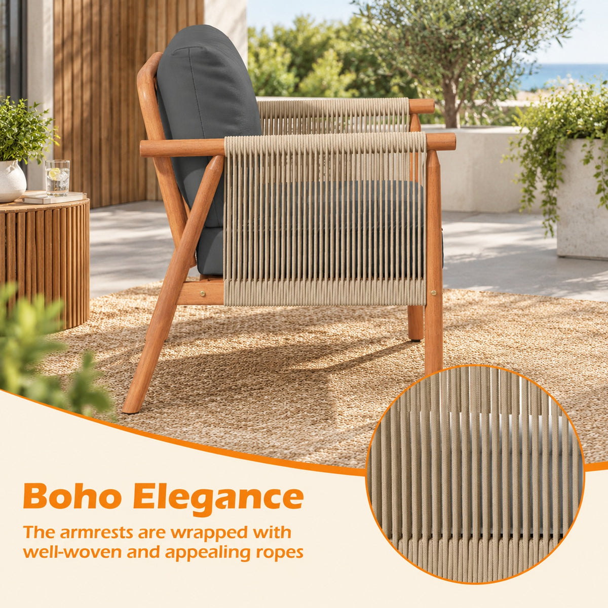 AIRFIND Acacia Wood Patio Chair, Outdoor Lounge Seat with Woven Rope Armrests and Removable Back and Seat Cushions, Gray