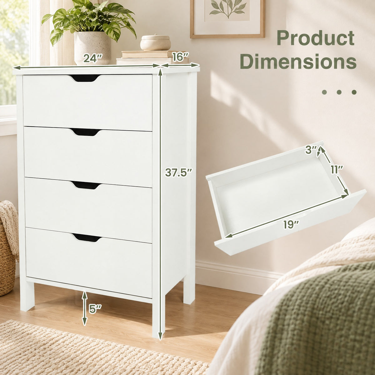 Airfind 4-Drawer Dresser Wooden Nightstand with Anti-Tipping Kits, 44 lbs Capacity, Engineered Wood MDF Frame, 24 x 16 x 37.5 Footprint, White