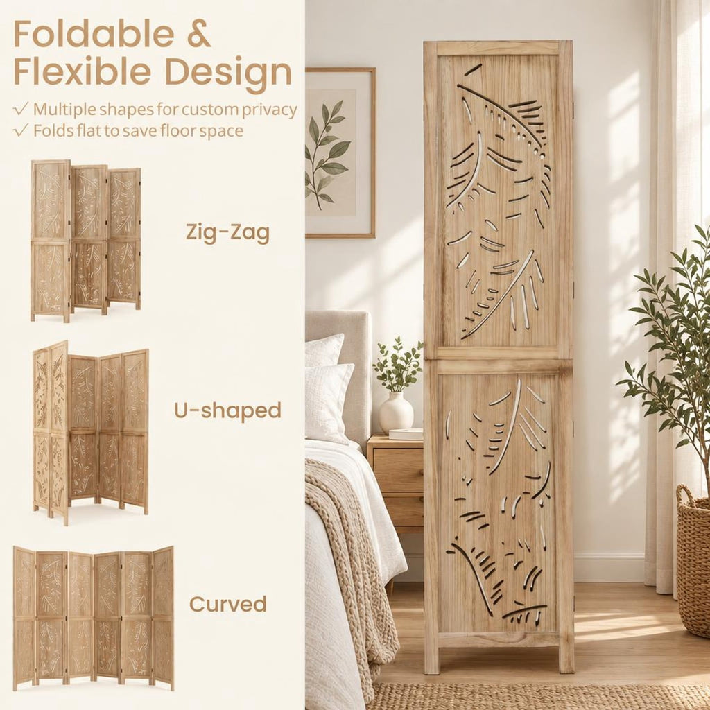 Airfind 6-Panel Wooden Room Divider with Palm Leaf Design and Paulownia Frame for Home, 67in x 16in x 5in Footprint, Natural