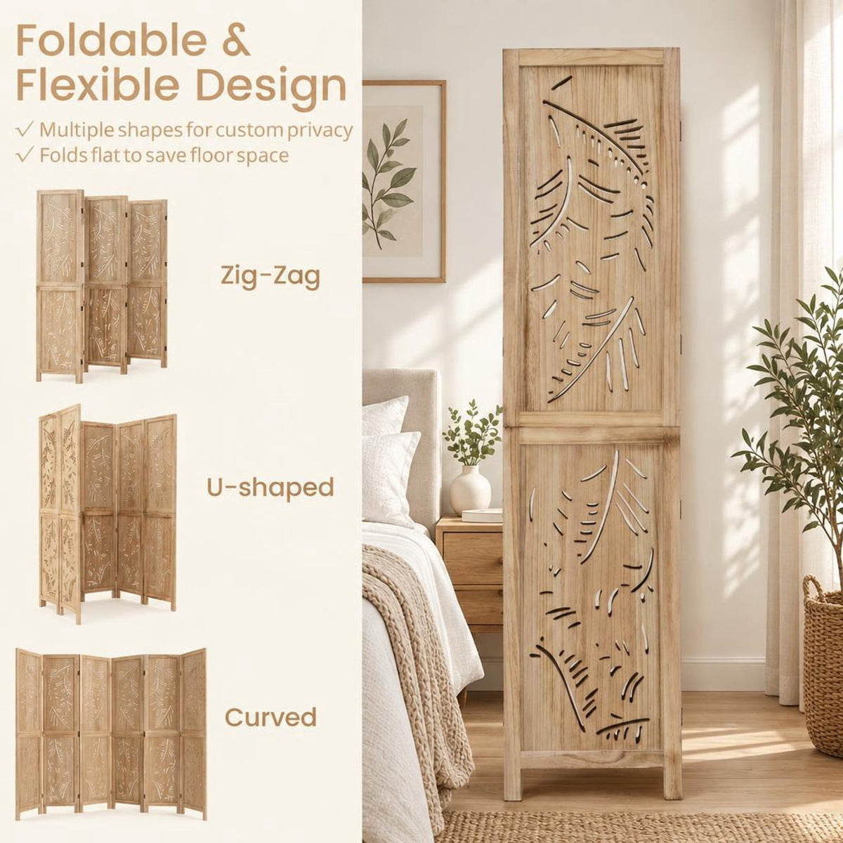 Airfind 6-Panel Wooden Room Divider with Palm Leaf Design and Paulownia Frame for Home, 67in x 16in x 5in Footprint, Natural