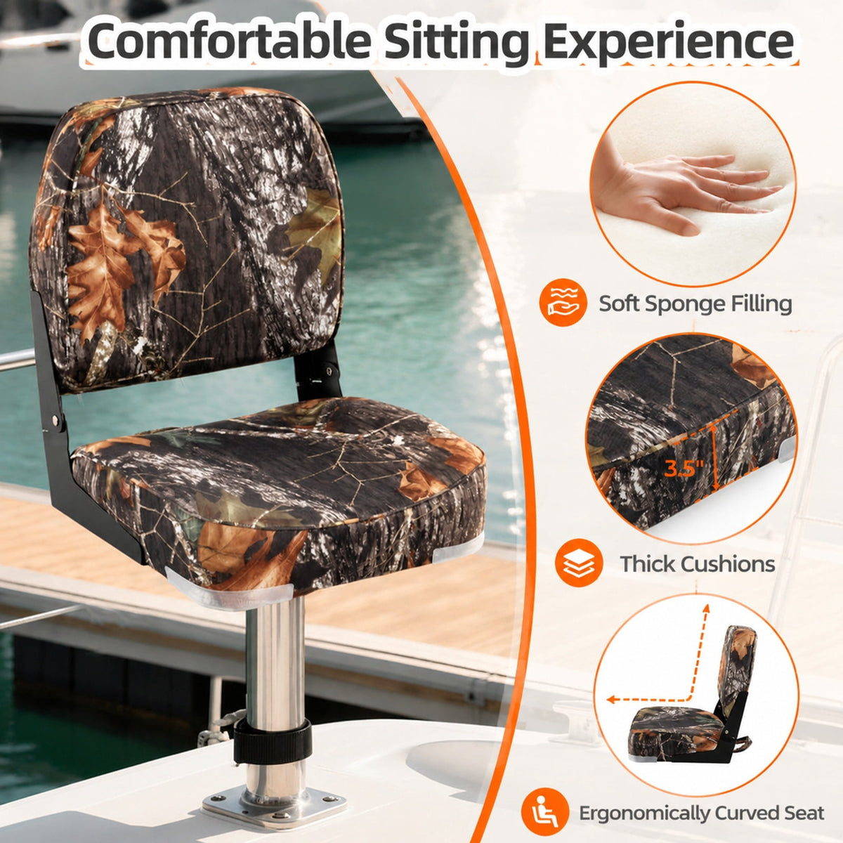 Airfind 2 Pack Folding Low Back Boat Seats with Cushioned PVC Leather and Aluminum Hinges for Fishing Boats and Marine Cabin Seating, Camouflage