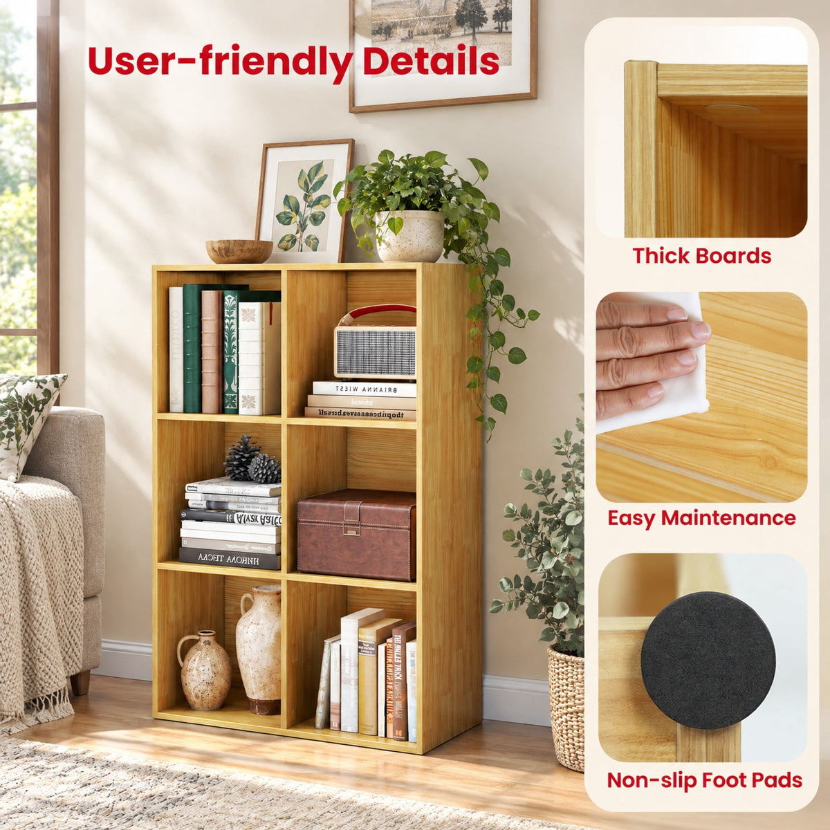 Airfind Modern 6-Cube Bookcase with Anti-tipping Kits for Bedroom Living Room, 132 lbs Capacity, Engineered Wood Frame, 36 x 11.5 x 24 Footprint
