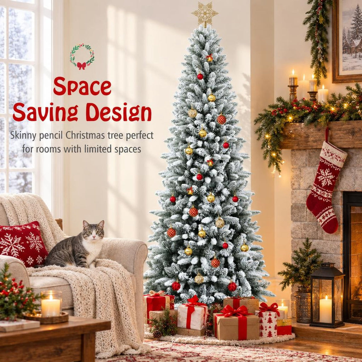 Airfind Snow-Flocked Hinged Artificial Christmas Pencil Tree with Mixed Tips-7.5 ft, White, Number of tips 373 829 1189