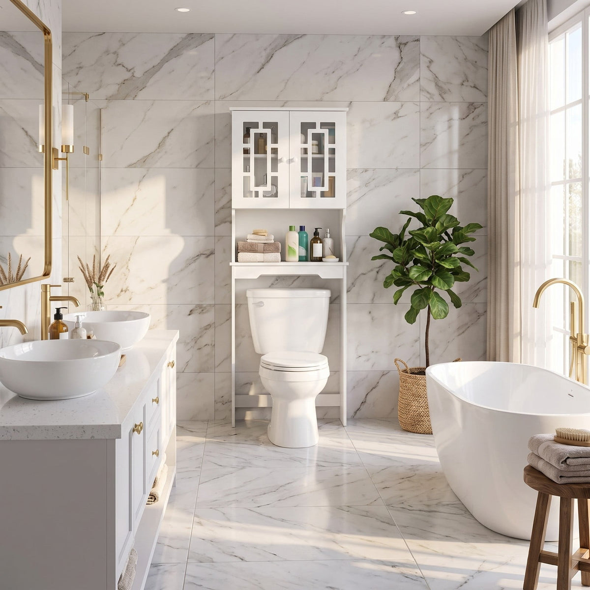 Airfind Bathroom Spacesaver Over the Toilet Door Storage Cabinet, 154 lbs Capacity, Engineered Wood Tempered Glass Frame, White