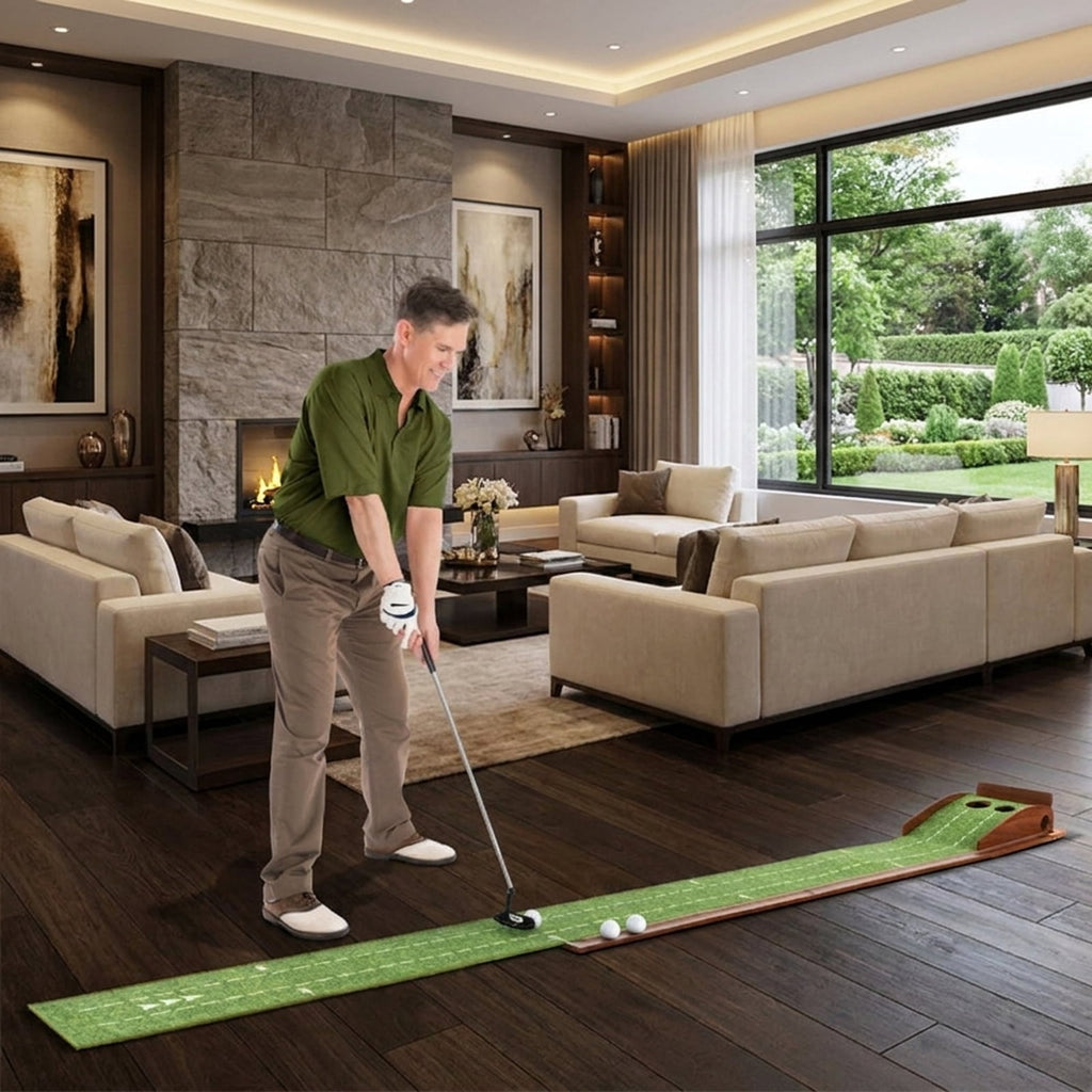 Airfind 10 ft Indoor Putting Mat with Wood Track, Auto Ball Return and 2 Hole Sizes, Brown