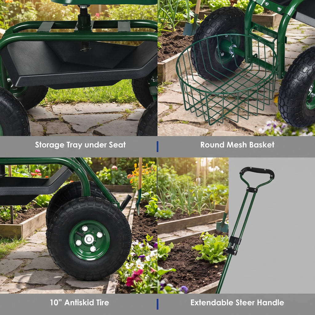 Airfind Heavy Duty Garden Cart with Tool Tray and 360 Swivel Seat, 330 lbs Capacity, Steel Rubber Plastic Frame, 38 x 17 x Footprint, Green