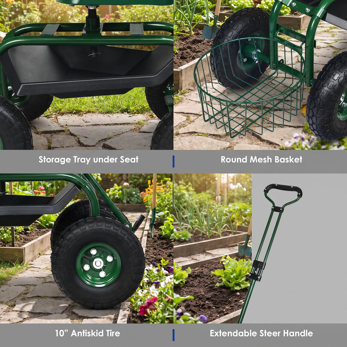 Airfind Heavy Duty Garden Cart with Tool Tray and 360 Swivel Seat, 330 lbs Capacity, Steel Rubber Plastic Frame, 38 x 17 x Footprint, Green