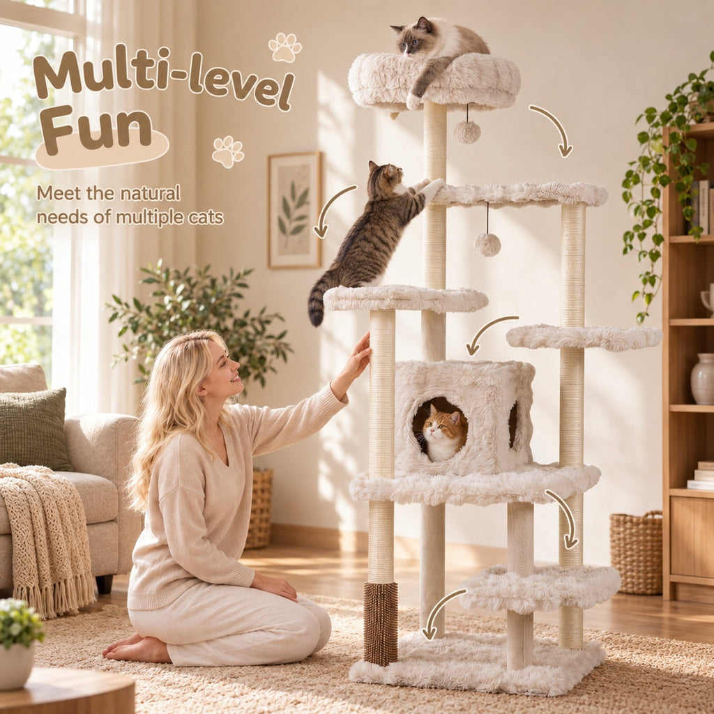 Airfind 67 Inch Multi-level Cat Tree with Large Cat Condo and Padded Perch, 22 lbs Capacity, Polyester Fabric PP Cotton Sisal Engineered Wood Frame
