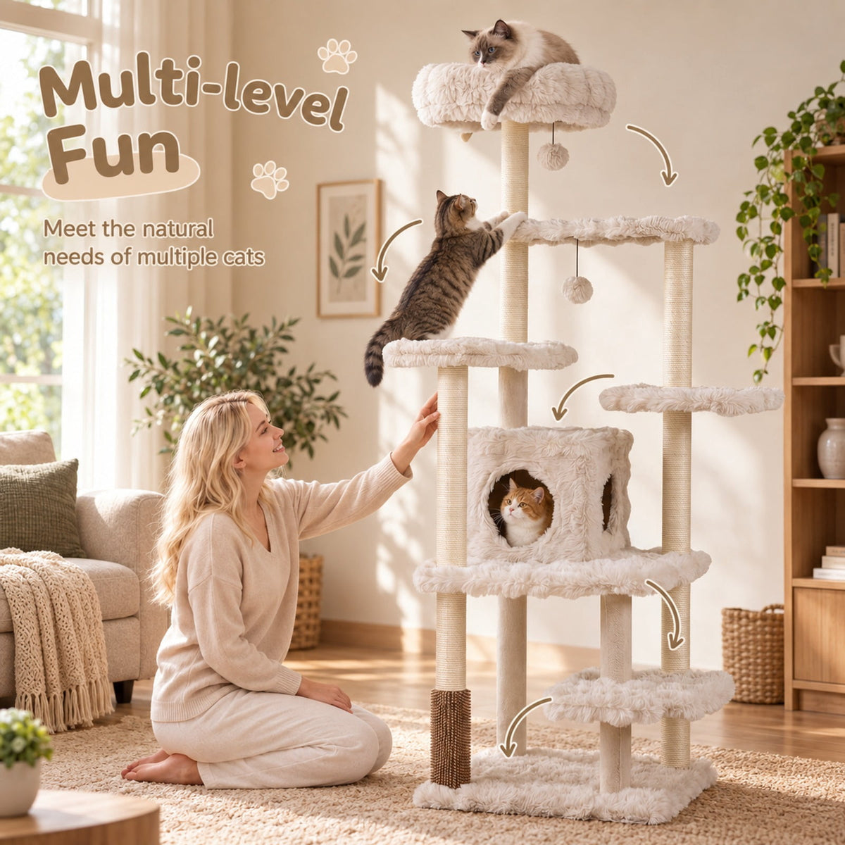 Airfind 67 Inch Multi-level Cat Tree with Large Cat Condo and Padded Perch, 22 lbs Capacity, Polyester Fabric PP Cotton Sisal Engineered Wood Frame