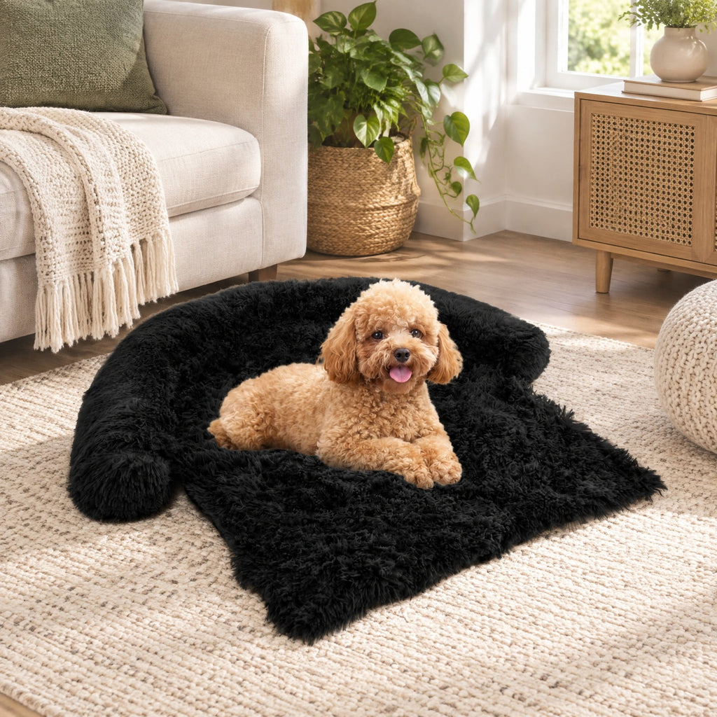 Airfind Plush Calming Dog Couch Bed with Anti-Slip Bottom, S-Size Dog Bed 40 x 35 x 6.5 Footprint, Black