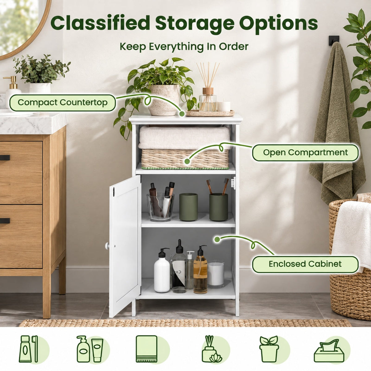 Airfind Bathroom Freestanding Adjustable Shelf Floor Storage Cabinet, MDF Frame, 16 Inch x 12 Inch x 27.5 Inch Footprint, White