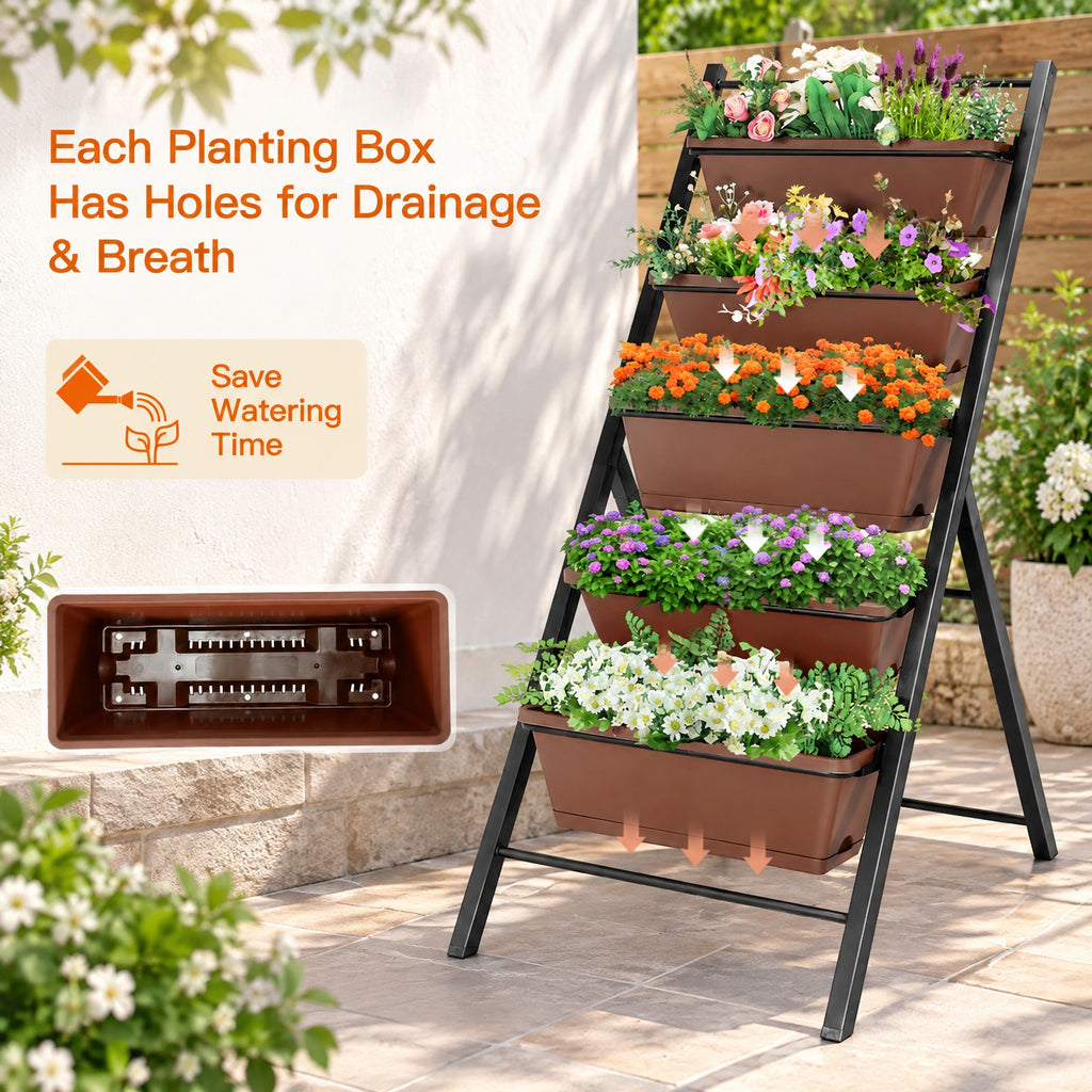 Airfind 5-tier Vertical Garden Planter Box Elevated Raised Bed with 5 Container, PP Iron Frame, 22.5 x 29 x 48.5 Footprint, Brown