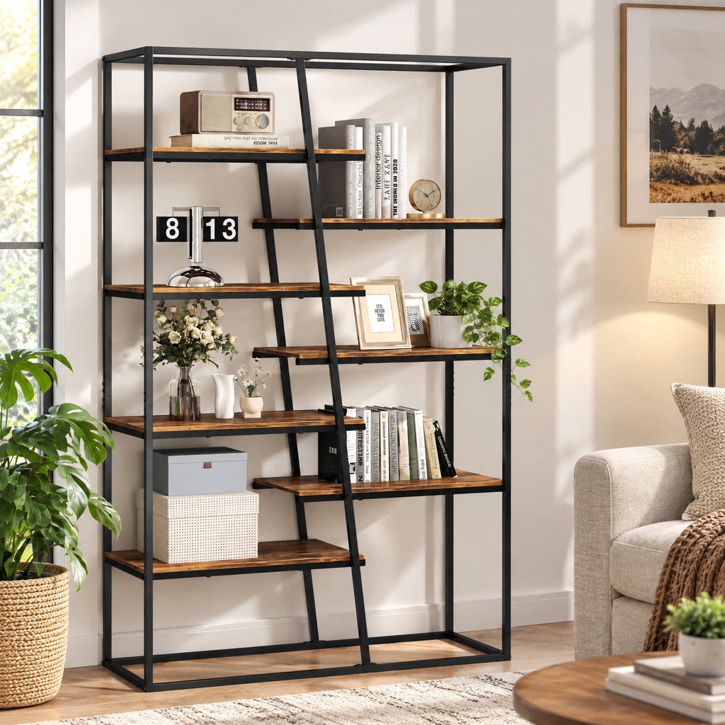 Airfind 71-Inch 7-Tier Industrial Etagere Bookcase with Heavy-duty Metal Frame, Engineered Wood Metal Frame, 45in x 16in x 71in Footprint, Brown