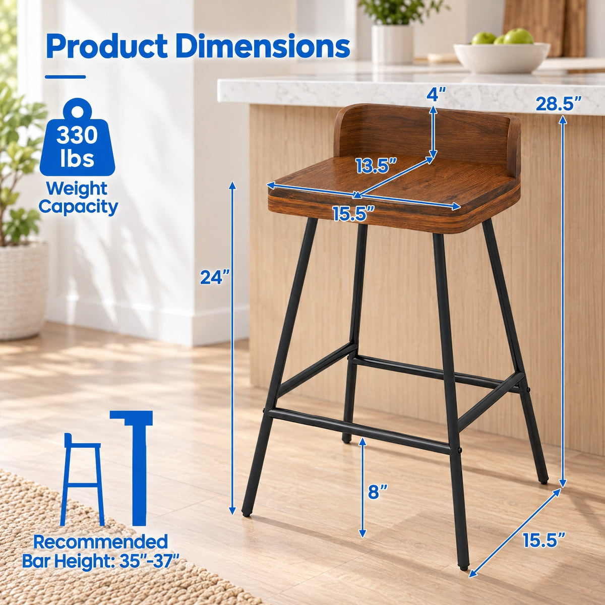 Airfind Set of 4 24 Inch Industrial Rubber Wood Bar Stool with Low Back Metal Legs and Footrest, 330 lbs Capacity, Rubber Wood Metal Frame, Unspecified