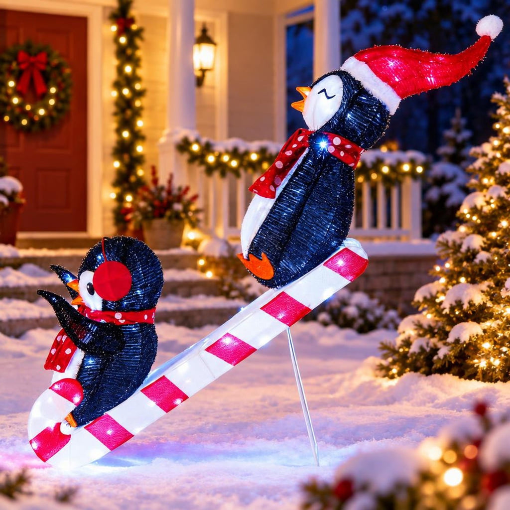 Airfind Lighted Christmas Decoration Penguins 3D Pre-Lit Penguins Slide with 170 LED Lights, Metal Frame, Multi-color