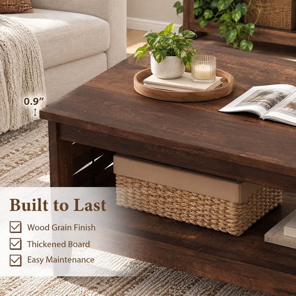 Airfind 2-Tier Farmhouse Coffee Table with Open Shelf and Woven Decorations for Living Room, 135 lbs Capacity, Engineered Wood MDF Frame, Coffee