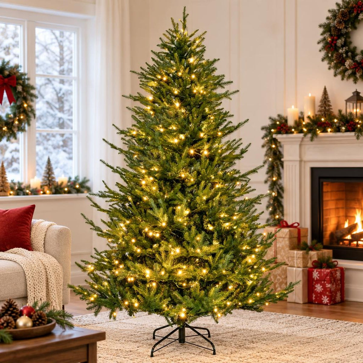 Airfind Pre-lit Christmas Tree with 280 Warm White LED Lights and 8 Lighting Modes-7 ft, White, the 3-section design easy to install and store