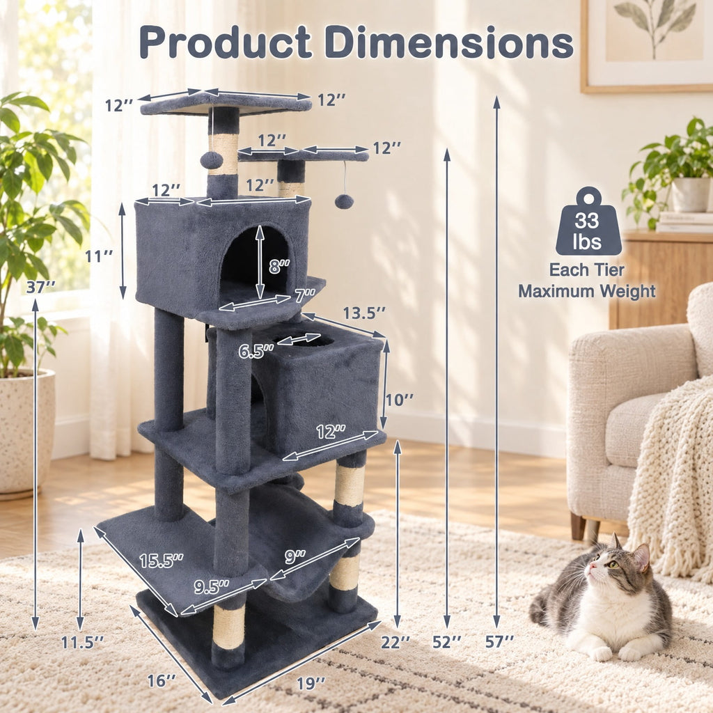 Airfind 57 Inch Cat Tree with Dual Condos and Hammock and 2 Dangling Balls, 29 x 16 Footprint, Gray