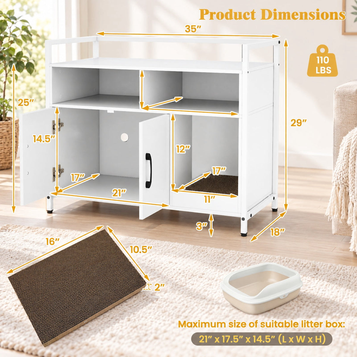 Airfind Hidden Cat Washroom with Double Doors and Scratch Cardboard, MDF Metal Frame, 35 x 17.5 x 29.5 Compartment Footprint, White
