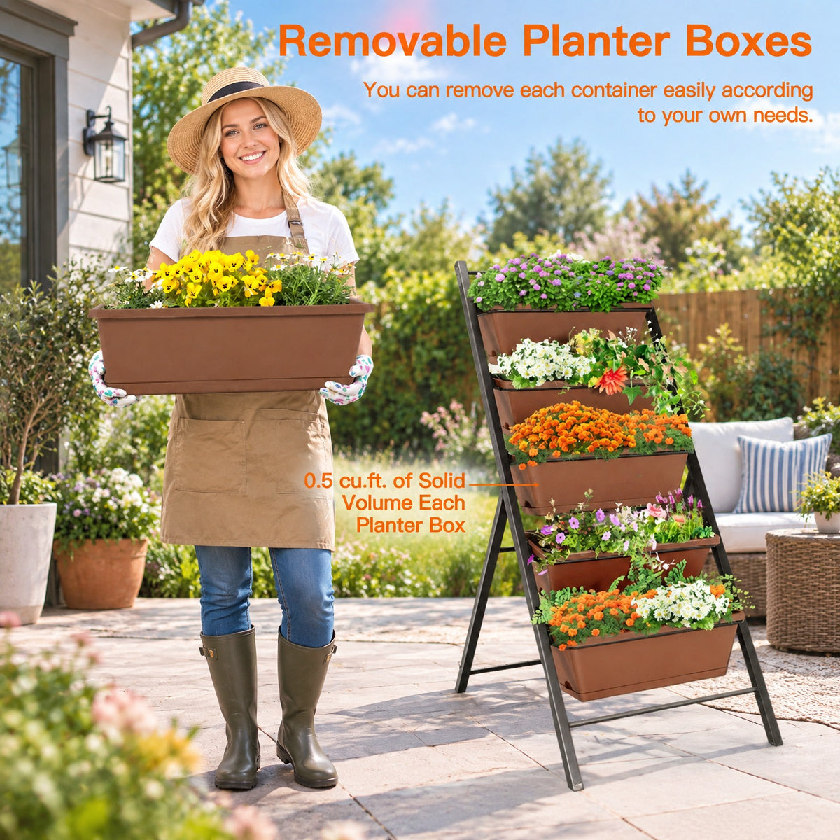 Airfind 5-tier Vertical Garden Planter Box Elevated Raised Bed with 5 Container, PP Iron Frame, 22.5 x 29 x 48.5 Footprint, Brown