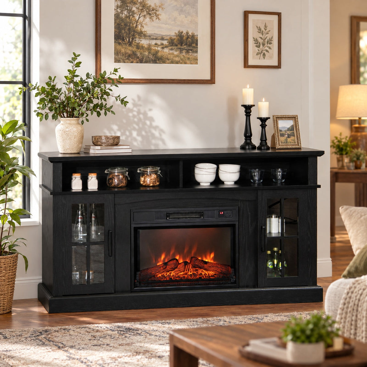 Airfind Fireplace TV Stand for TVs Up to 65 Inch with Side Cabinets and Remote Control, 66 lbs Capacity, Engineered wood Frame, Black