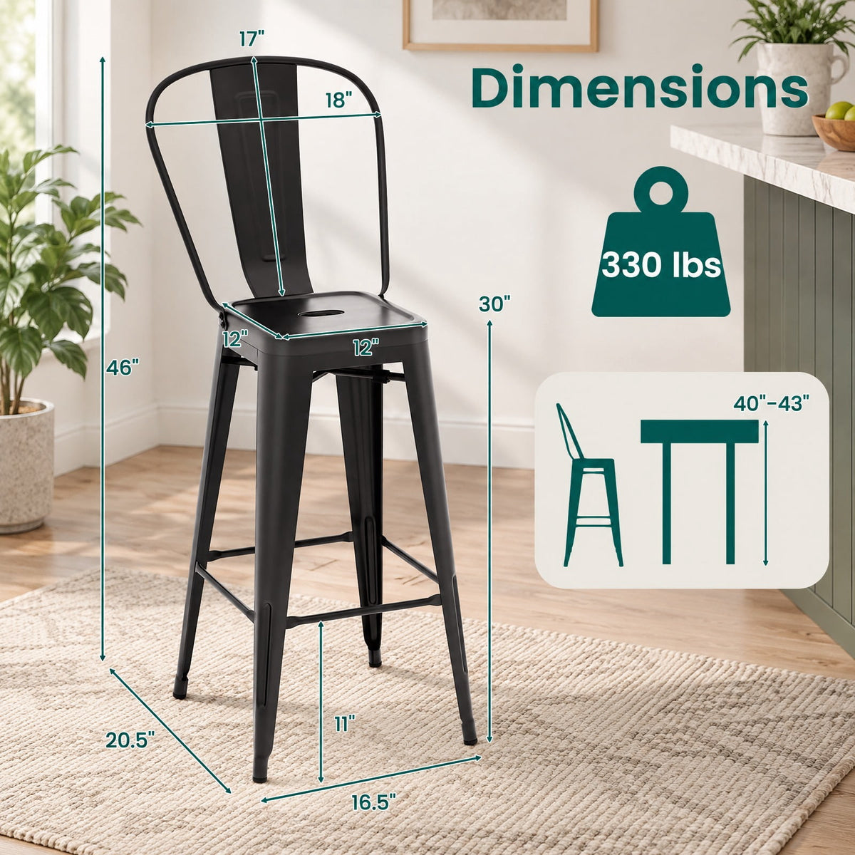 Airfind Set of 4 Bar Height Chairs Stackable Metal Bar Stools with Removable Backrest, Metal Frame, 18 Inch x 20.5 Inch x 46 Inch Footprint, Black