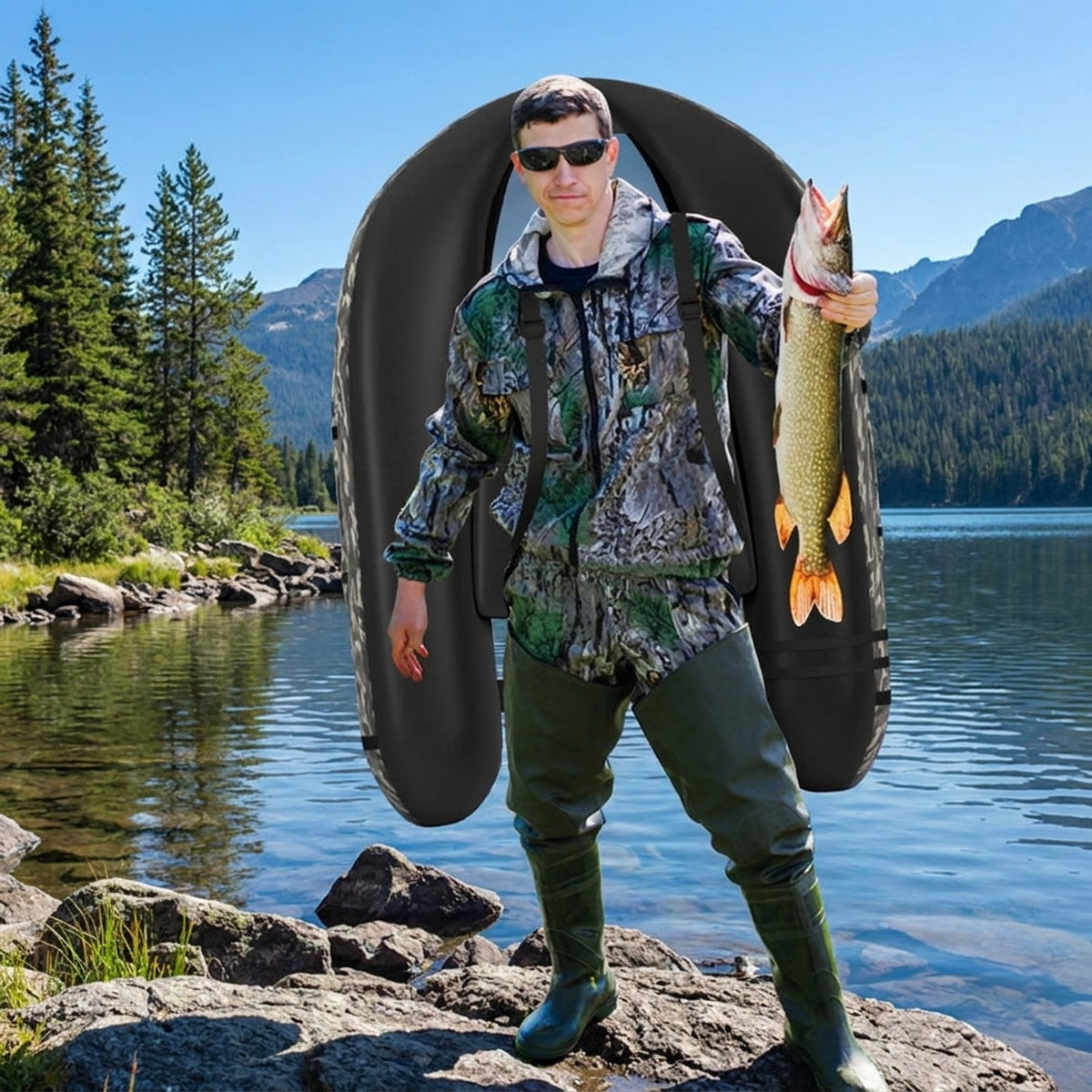 Airfind Inflatable Fishing Float Tube with 350 lb Capacity and Adjustable Shoulder Straps plus Storage Pockets and Foot Pump for Lake Pond River Bass Fly Fishing, Camouflage Multicolor