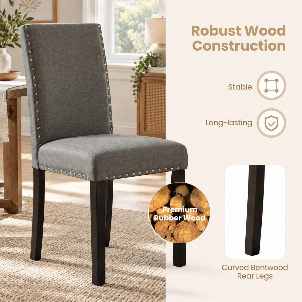 Airfind Dining Chairs Set of 2 Upholstered Accent Chairs with Bent Wood Legs and Nailhead Trim for Kitchen Cafe, 400 lb, Gray