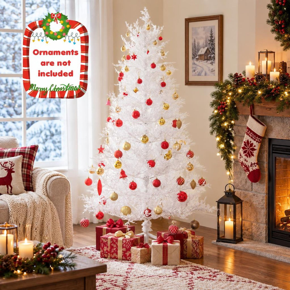 Airfind 6 Feet Artificial Xmas Tree with 383 PE Branch Tips and 300 LED Lights, PE flocking metal Tree height 6 ft Tree width 3.3 ft Frame, White