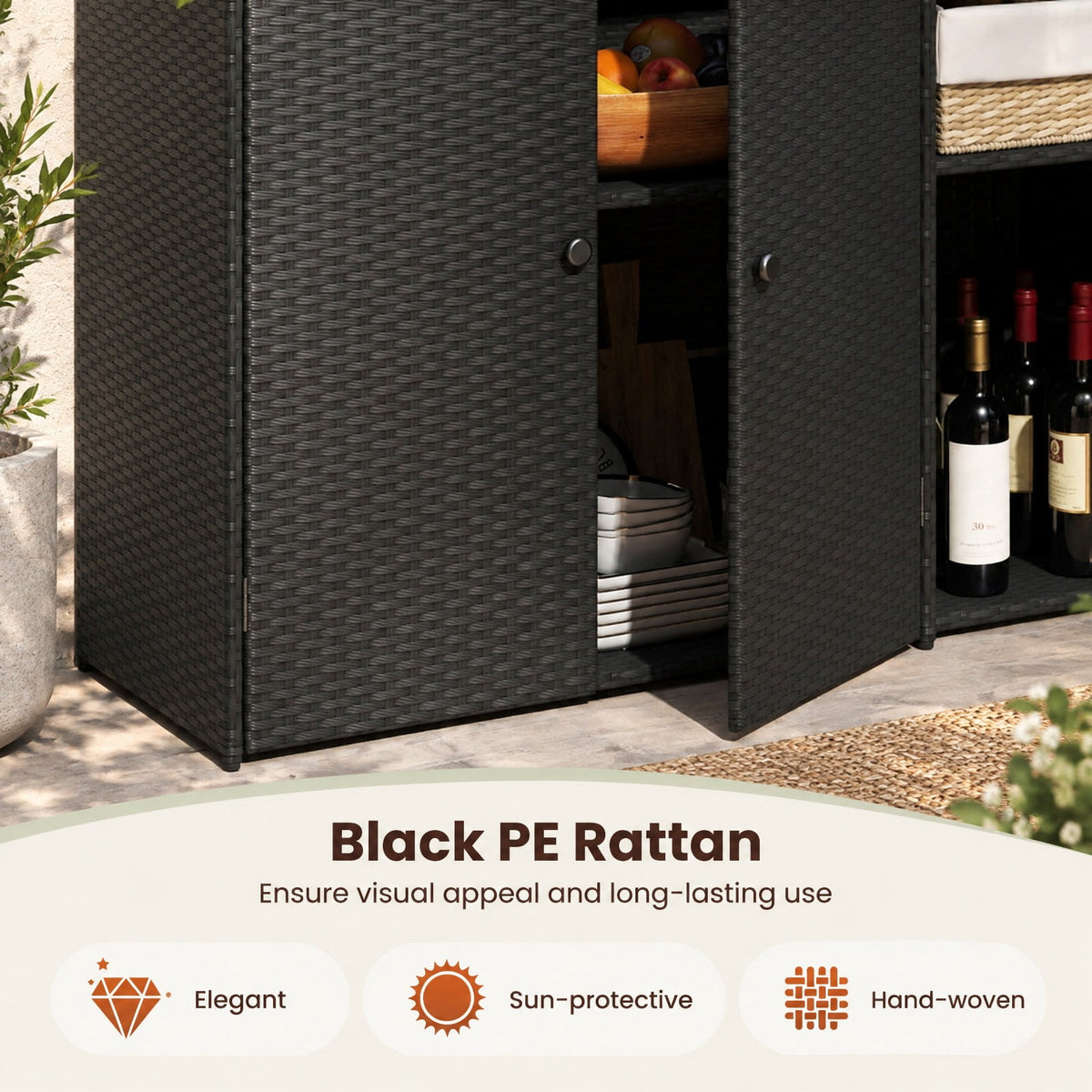 Airfind 3 Doors Outdoor PE Wicker Storage Cabinet for Deck, 110 lbs Capacity, PE Rattan Metal Frame, 48 x 17 x 40 Footprint, Black