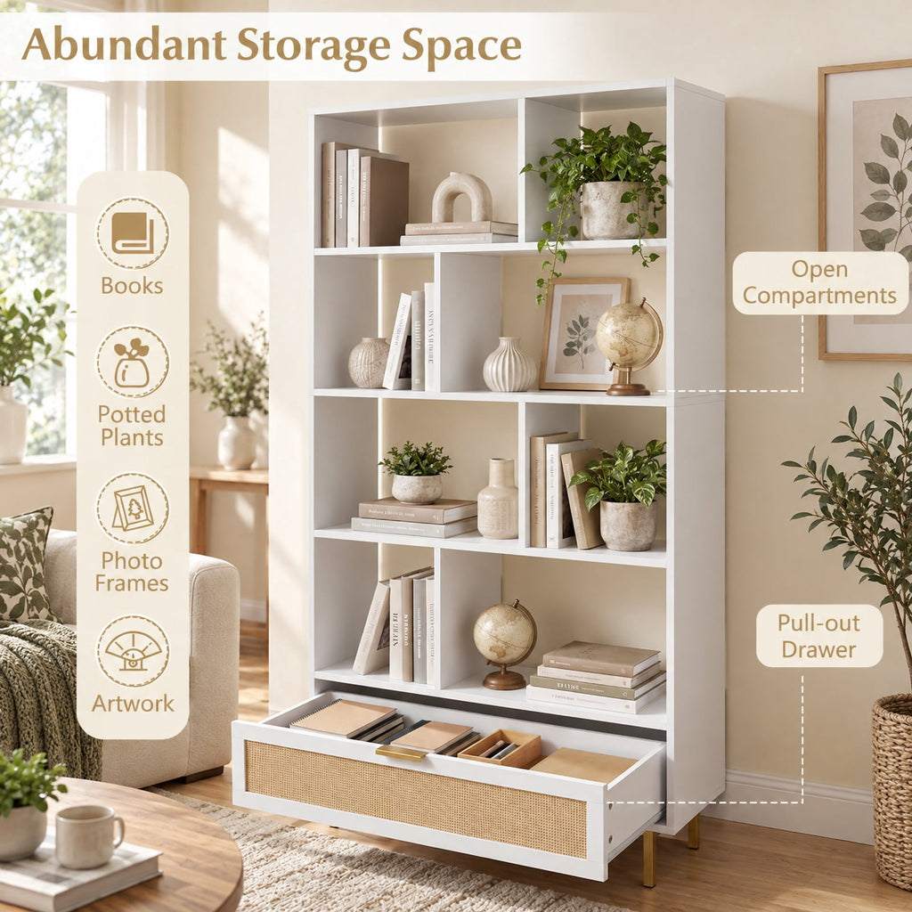 Airfind 64 inch 6-Tier Tall Wooden Bookcase with 8 Open Cubes, 33 lbs Capacity, Engineered Wood Metal Frame, 33in x 12in x 64in Footprint, White