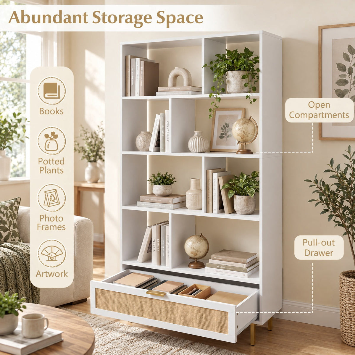 Airfind 64 inch 6-Tier Tall Wooden Bookcase with 8 Open Cubes, 33 lbs Capacity, Engineered Wood Metal Frame, 33in x 12in x 64in Footprint, White