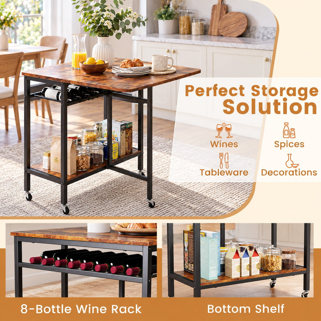 Airfind Folding Dining Table with Expandable Laptop with Wine Rack and Wheels, 66 lbs Capacity, Engineered Wood Metal Frame, Brown